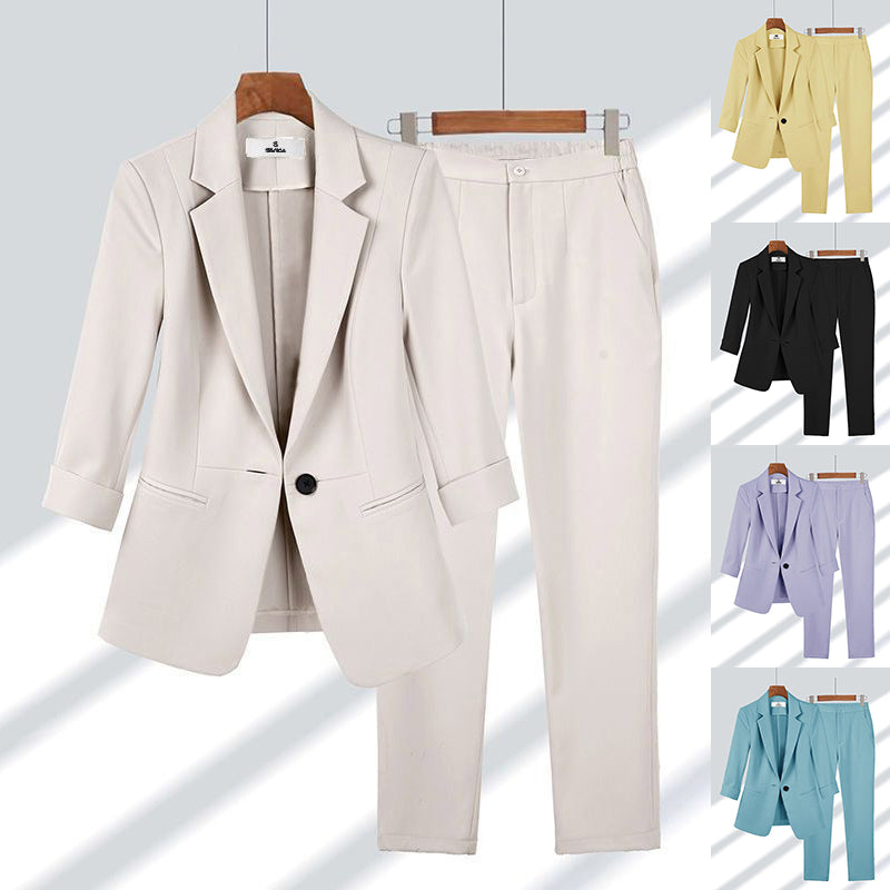 2pcs Casual Blazer Set Solid Color Lapel Single-breasted Jacket And Zipper Straight Pants Women&