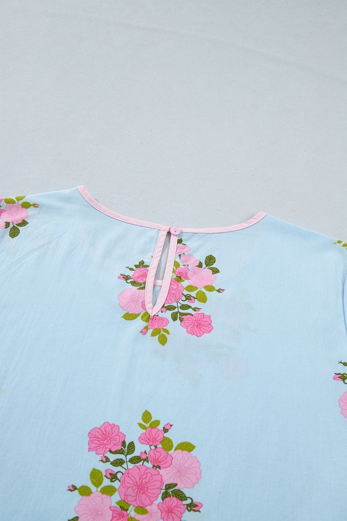 Sky Blue Floral Print Button Cuffed 3/4 Sleeve Round Neck Blouse - Loving It Shop