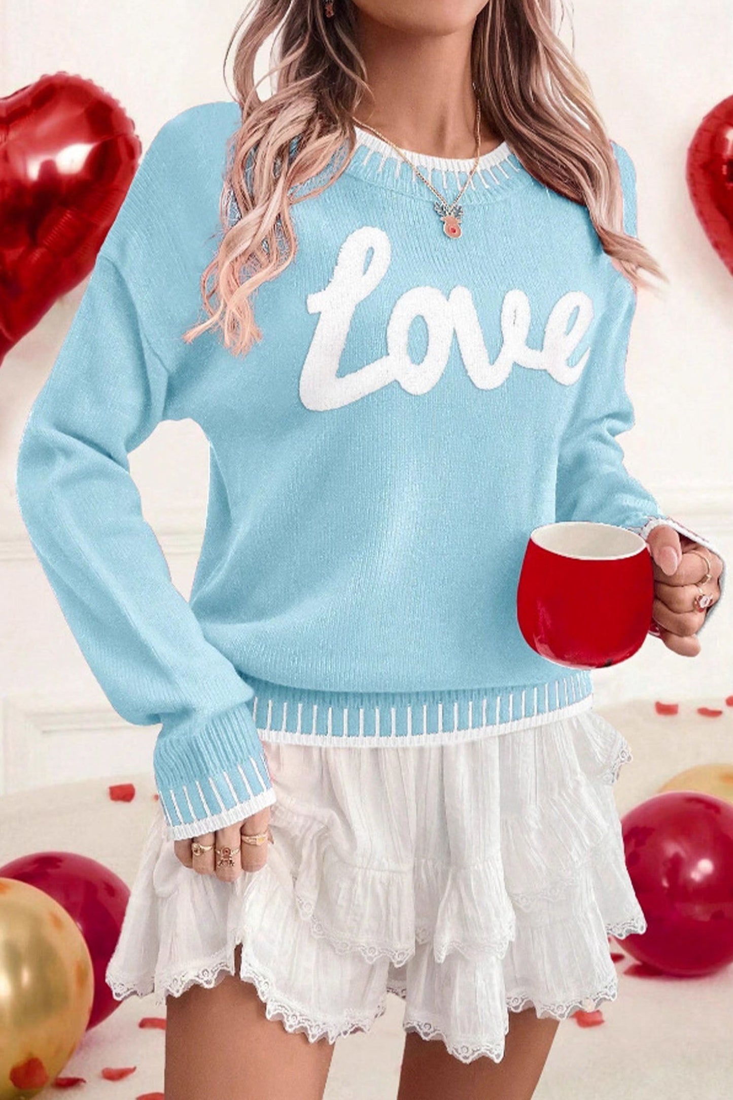 Light Blue Valentine Love Chenille Letter Graphic Sweater - Loving It Shop