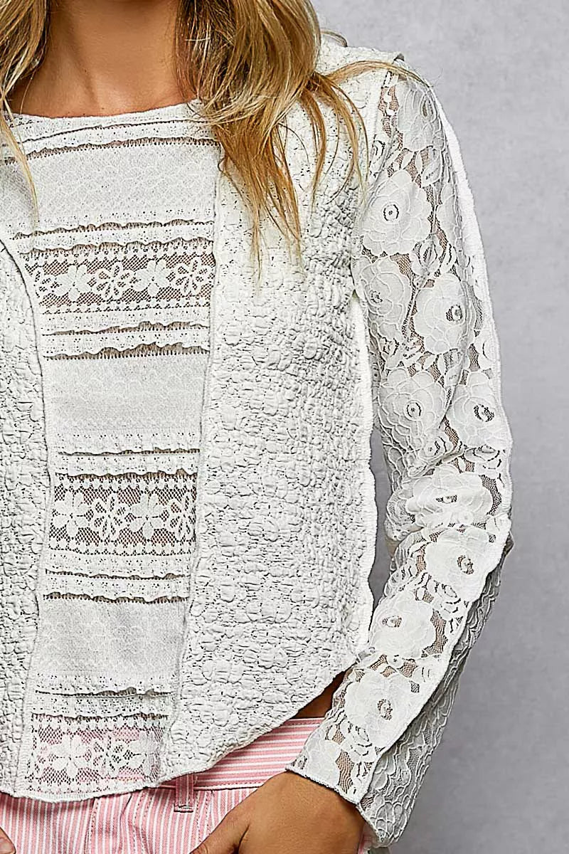 Round Neck Long Sleeve Exposed Seam Top with Lace Detail