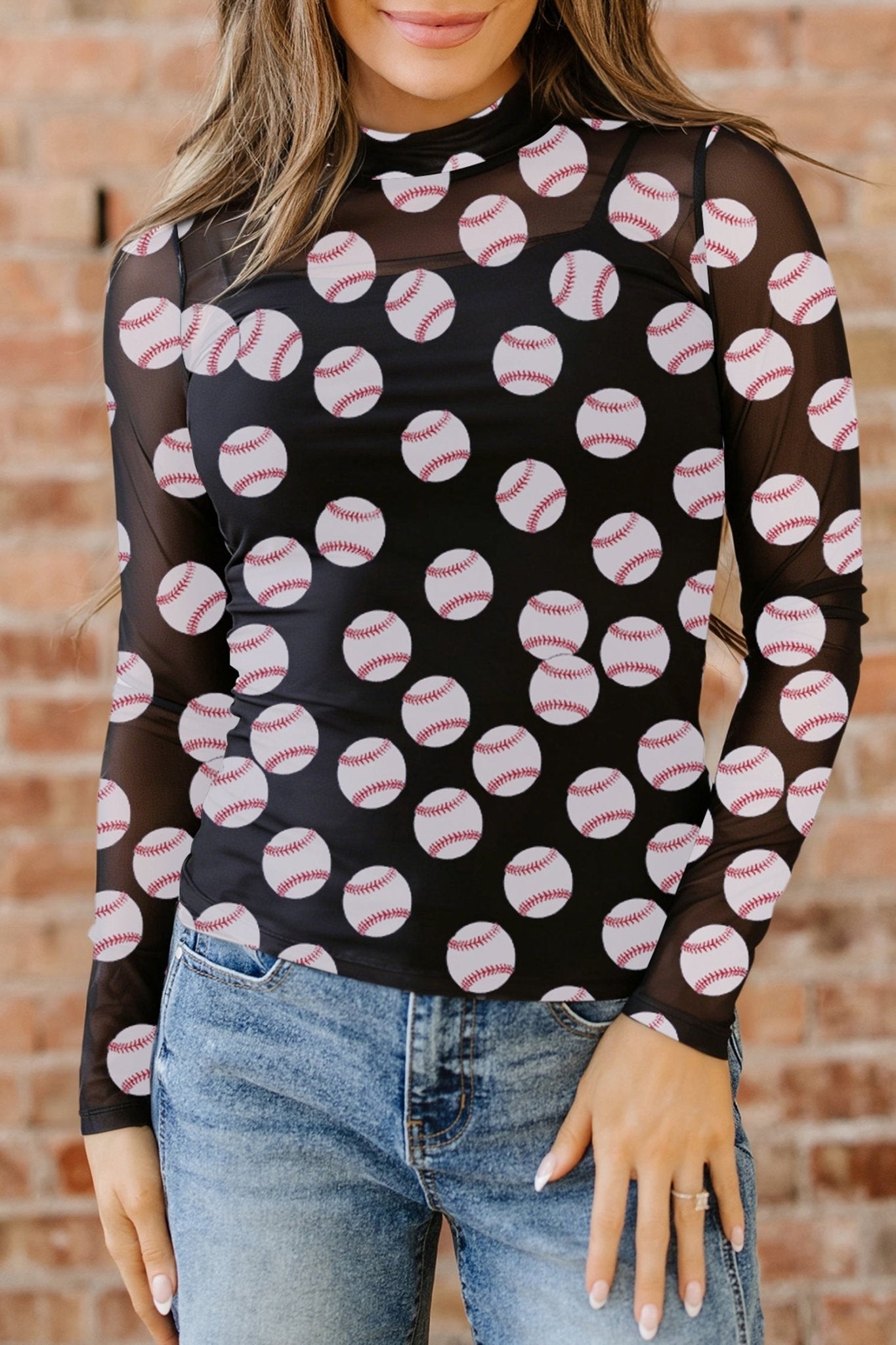 Black Baseball Game Day Sheer Mesh Long Sleeve Top - Loving It Shop