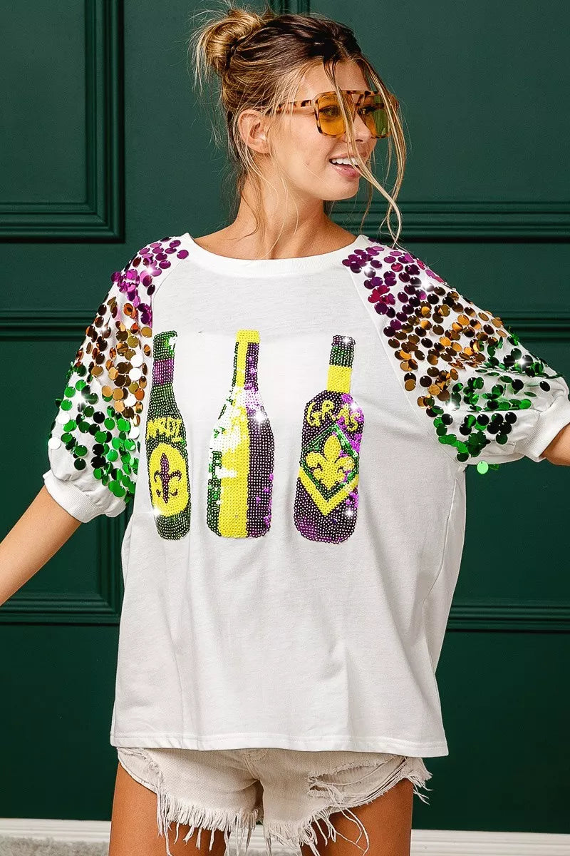 Sequin Mardi Gras Bottles Spangled Sleeve Top