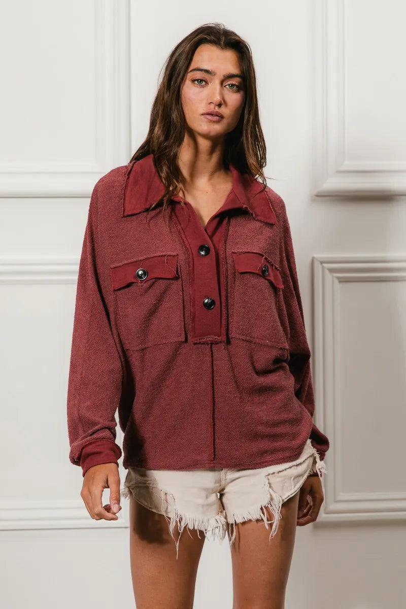 Cp French Terry Cut Edge Detail Collared Top
