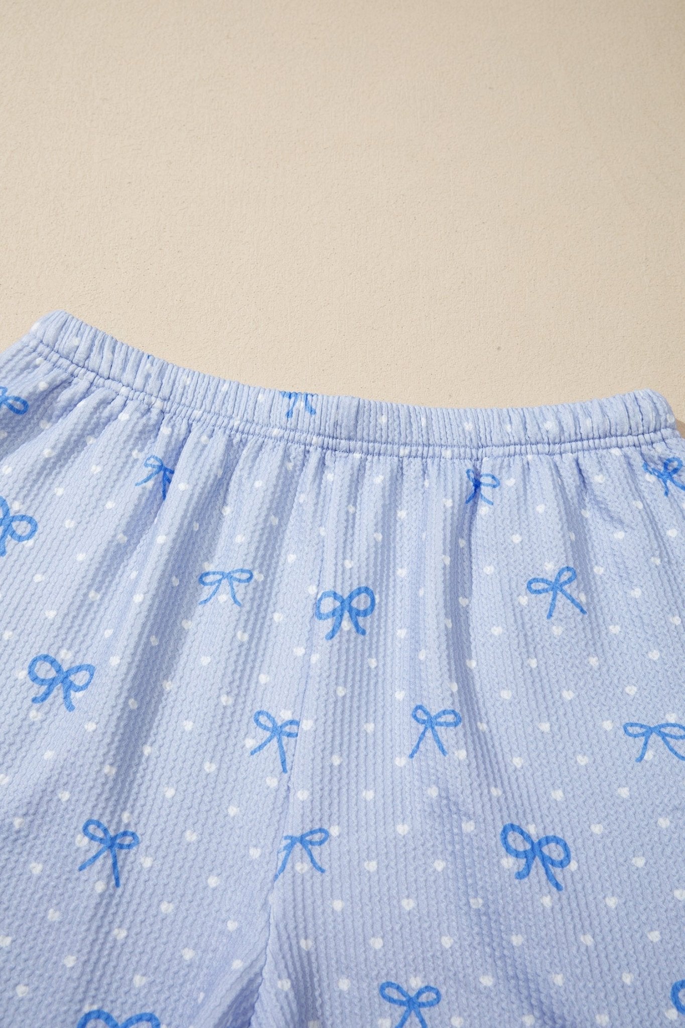 Sky Blue Tiny Heart Bow Print Twisted Rib Loose 2pcs Short Set - Loving It Shop