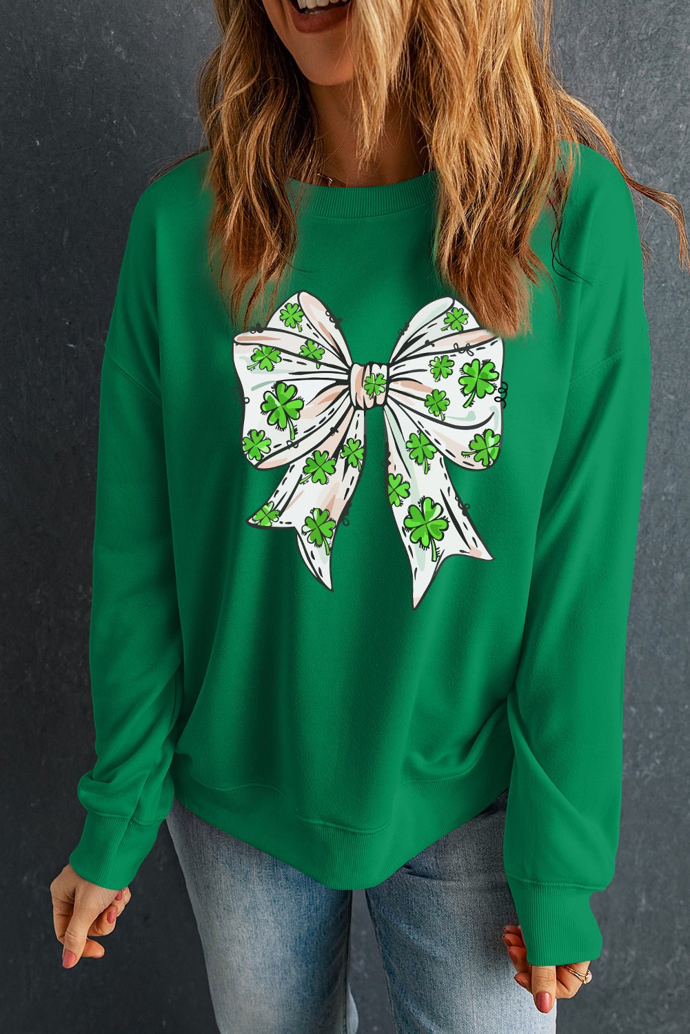 Dark Green St Patricks Clover Bow Printed Drop Shoulder Sweatshirt - Loving It Shop