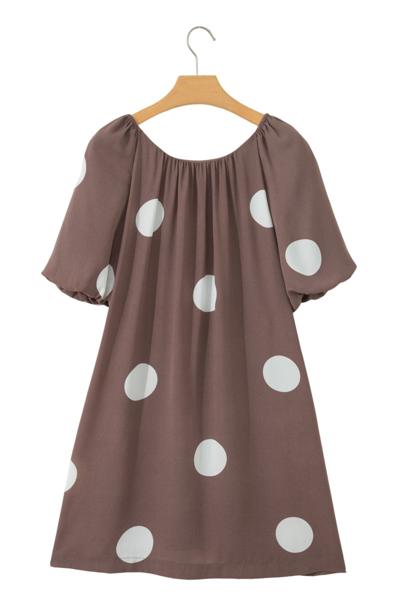 Brown Polka Dot Print Knot Back Short Puff Sleeve Loose Mini Dress - Loving It Shop