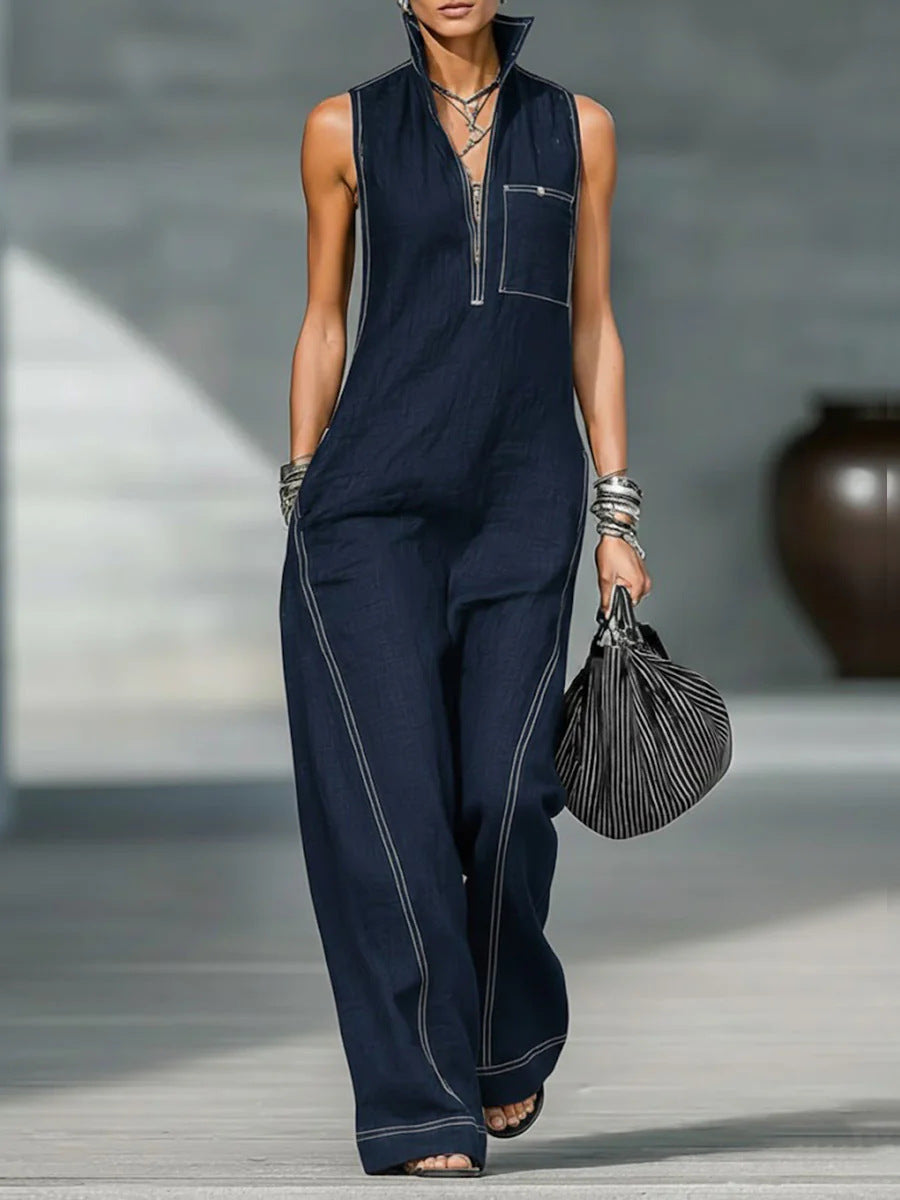 Stand-up Collar Jumpsuit With Pockets Summer Fashion Casual Sleeveless Jumpsuit Trousers Women&
