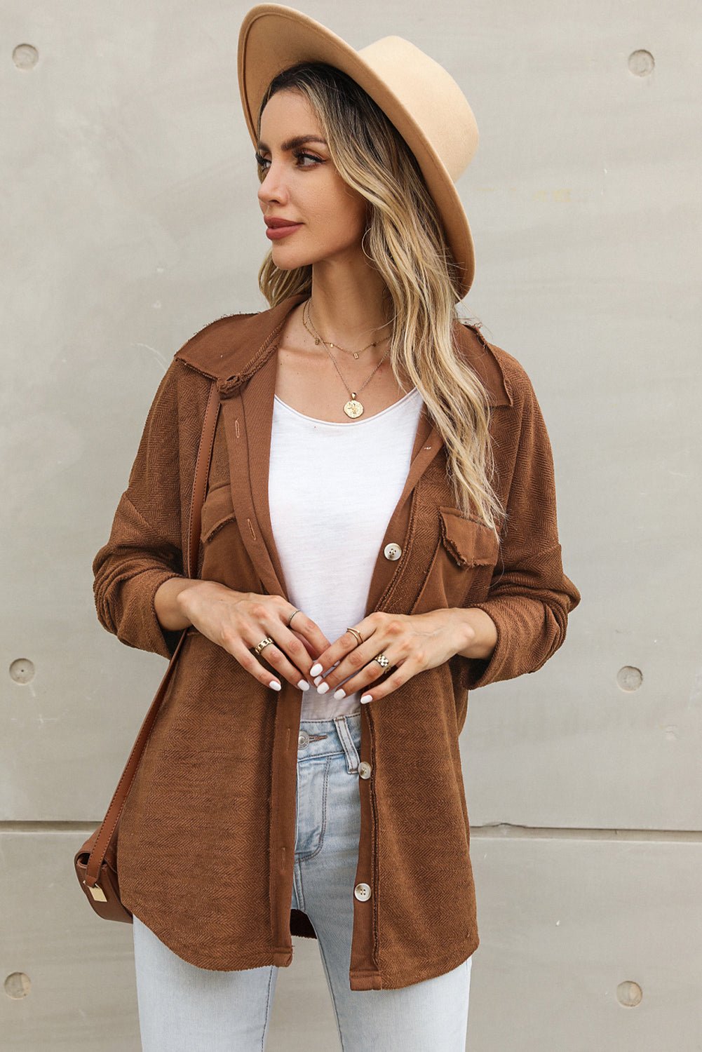 Brown Contrast Flap Pockets Relaxed Shacket - Loving It Shop