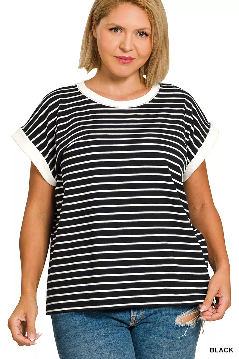 Full Size Contrast Trim Cap Sleeve Stripe Tee Plus Size