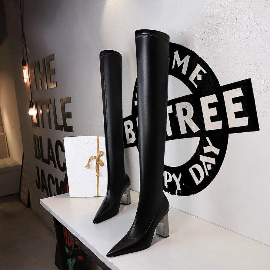 Women Thigh High Shoes Pointed Toe Over Knee Boots Square Heels