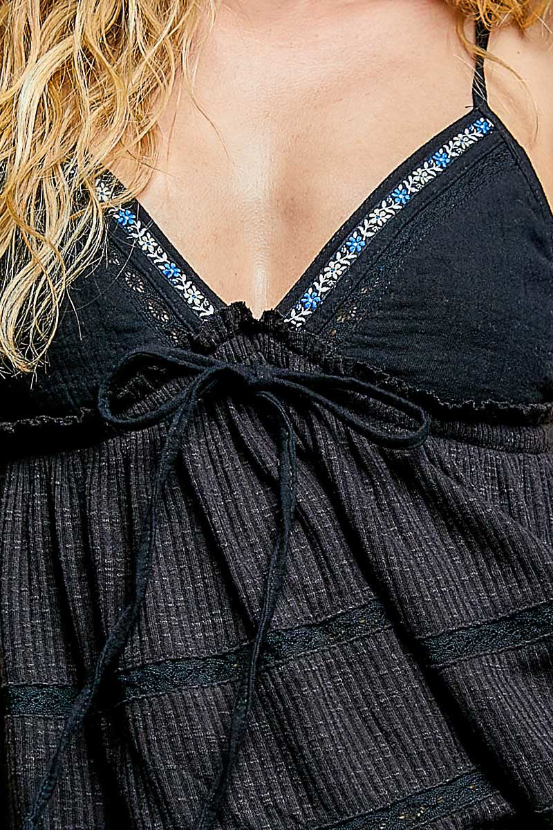 POL V-Neck Embroidered Trim Ruffled Cami