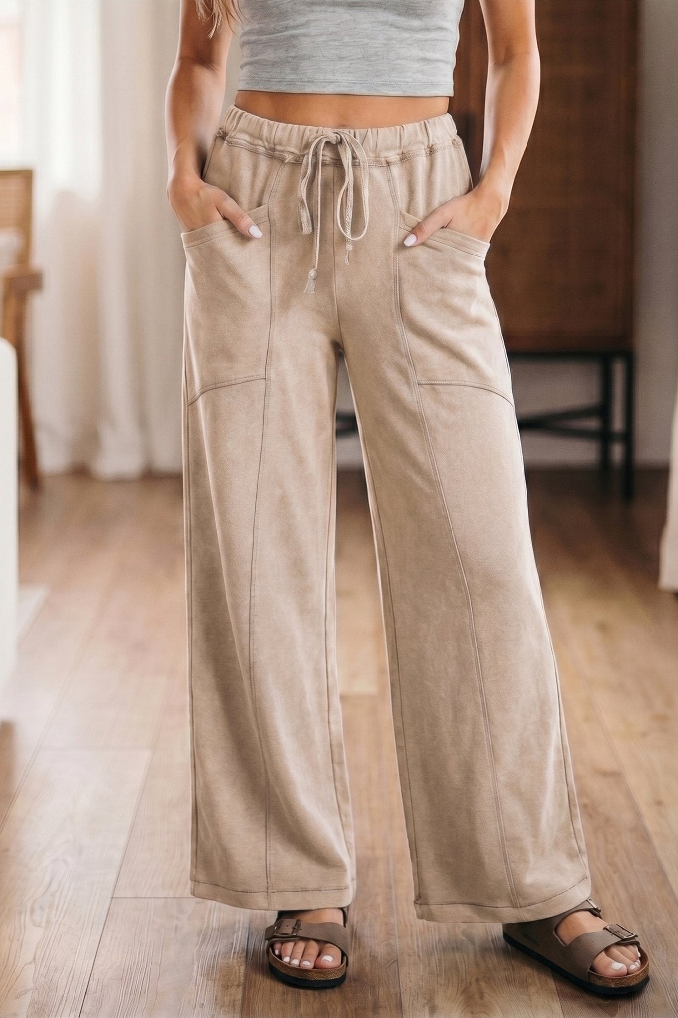 Smoke Gray Mineral Wash Drawstring Retro High Waist Wide Leg Western Pants - Loving It Shop