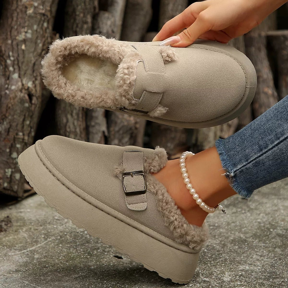 Fuzzy Trim Buckle Platform Slippers - Loving It Shop