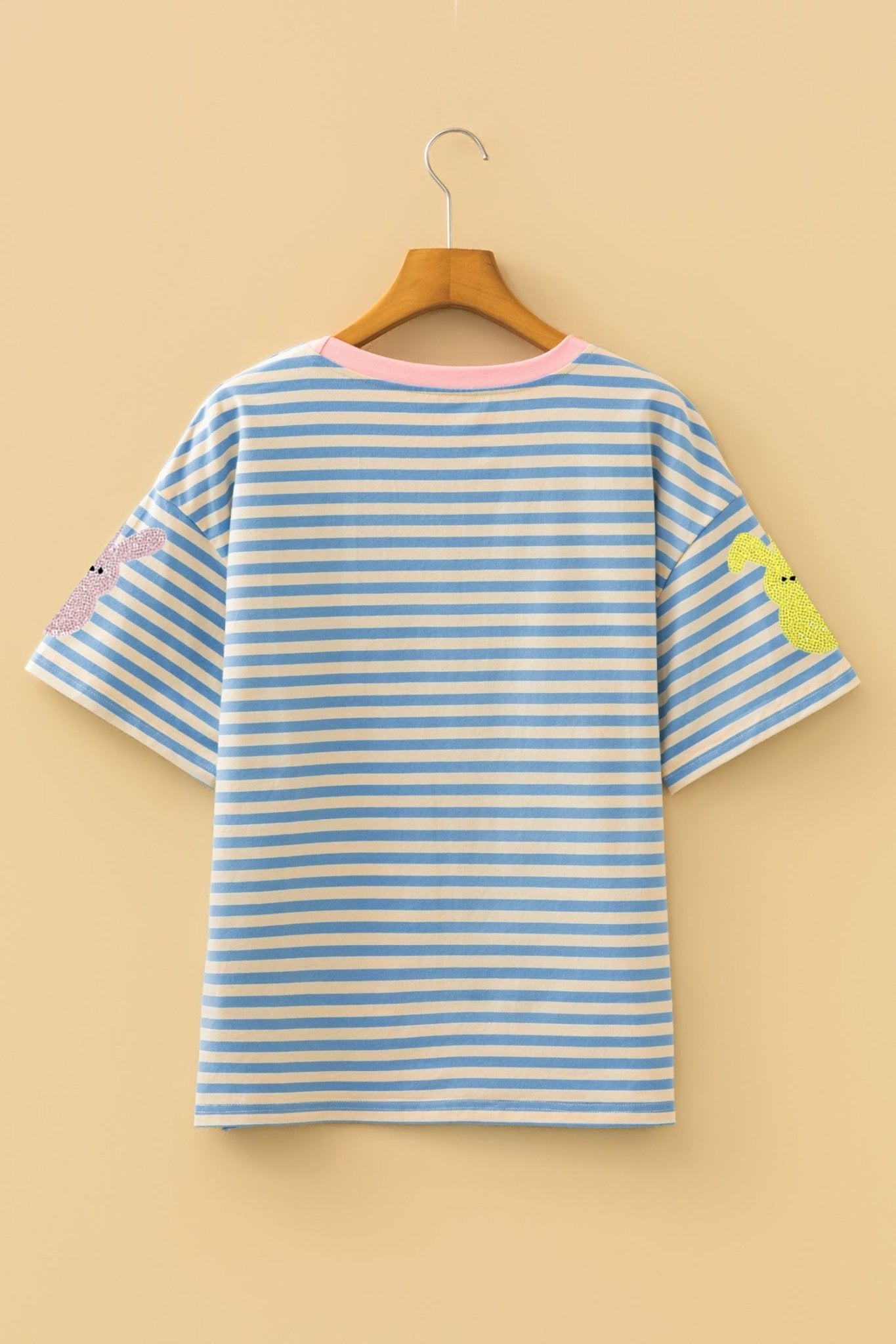 Sky Blue Stripe Sequin Easter Bunny Patched Drop Shoulder Tee - Loving It Shop