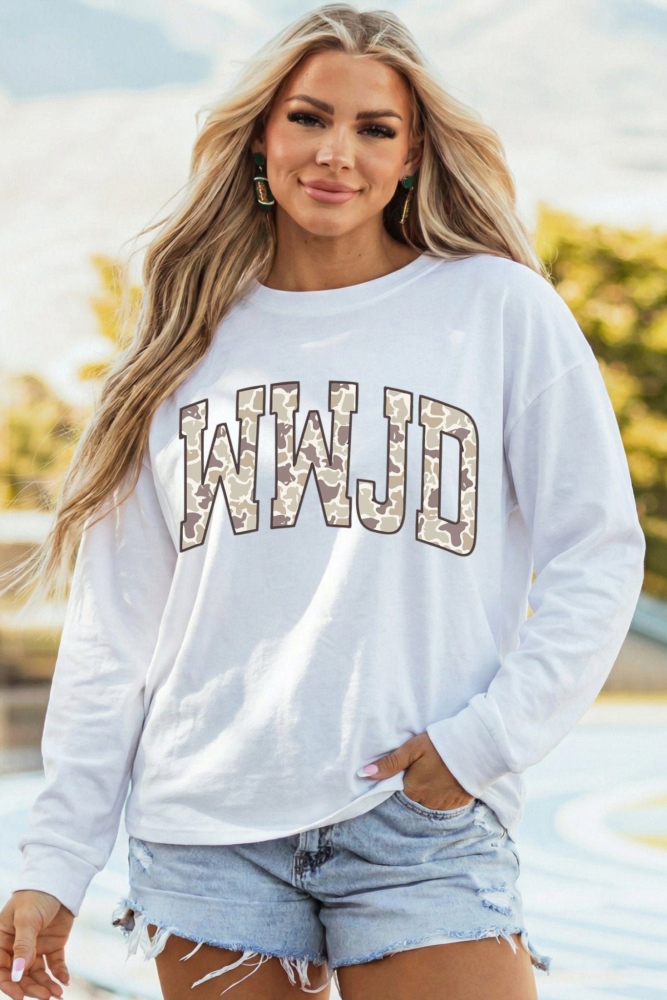 White WWJD Camo Letter Printed Long Sleeve Top - Loving It Shop
