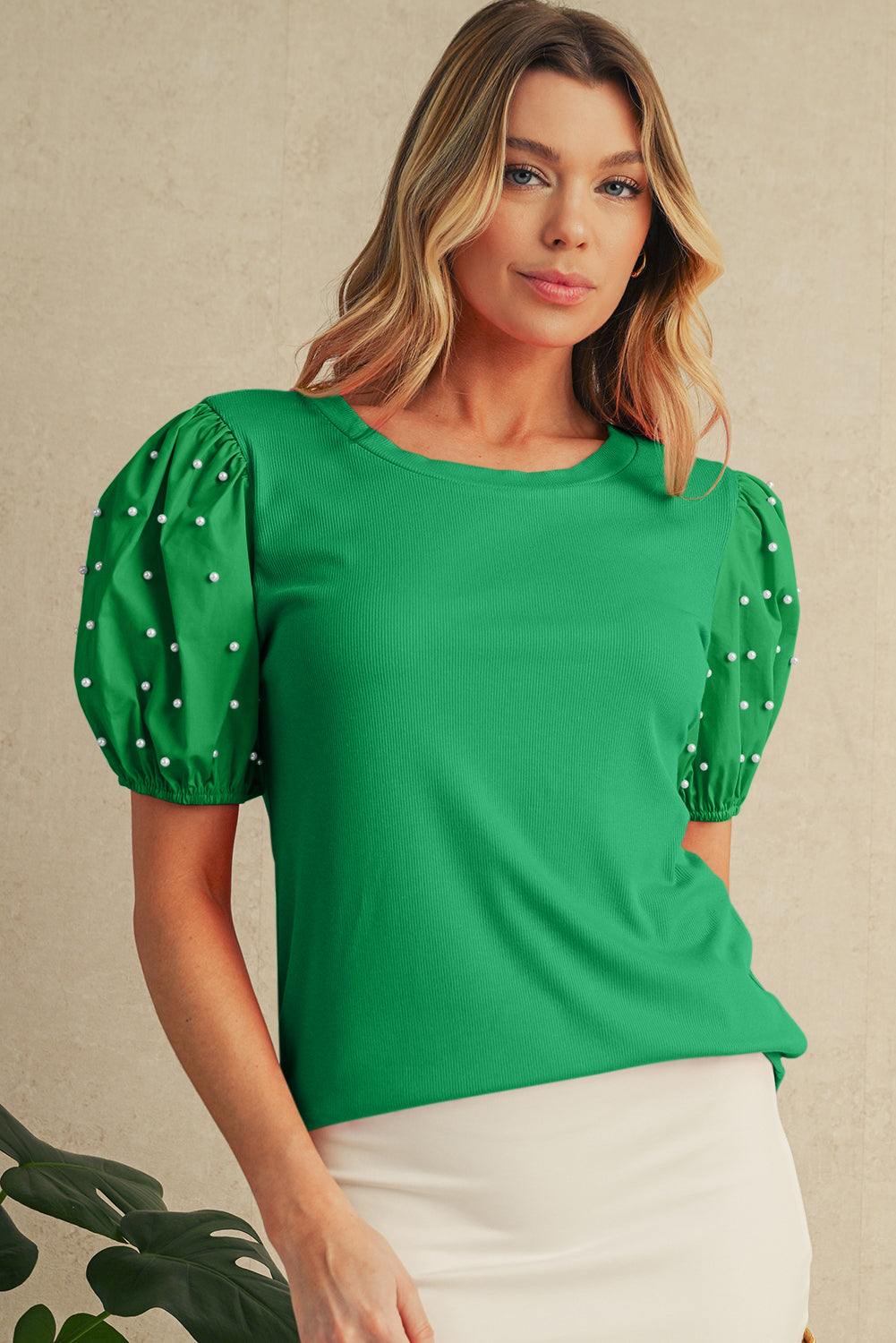 Bright Pink Pearl Beaded Puff Sleeve Ribbed Top