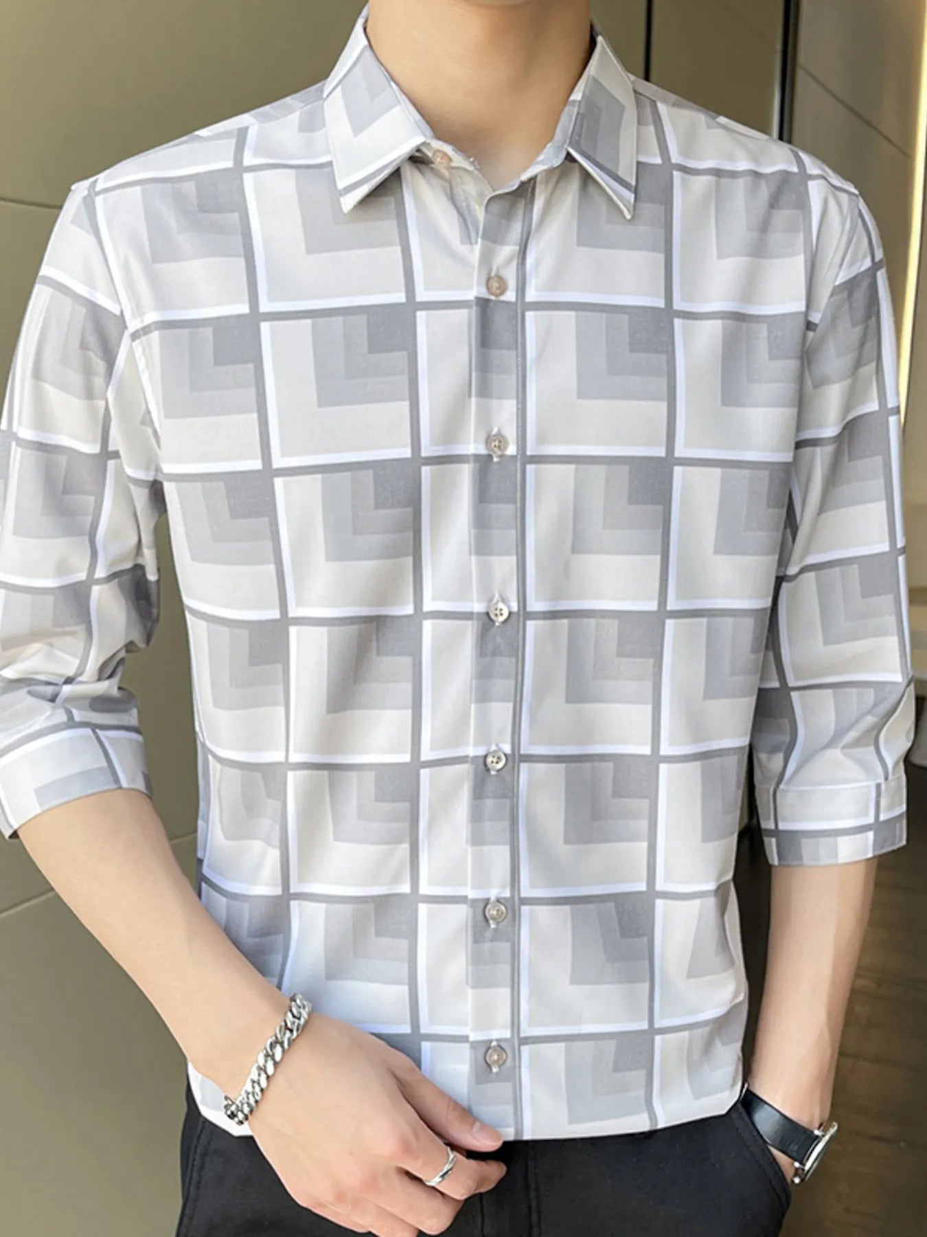Men's Plus Size Geometric Pattern Button Up Casual Shirt - Loving It Shop
