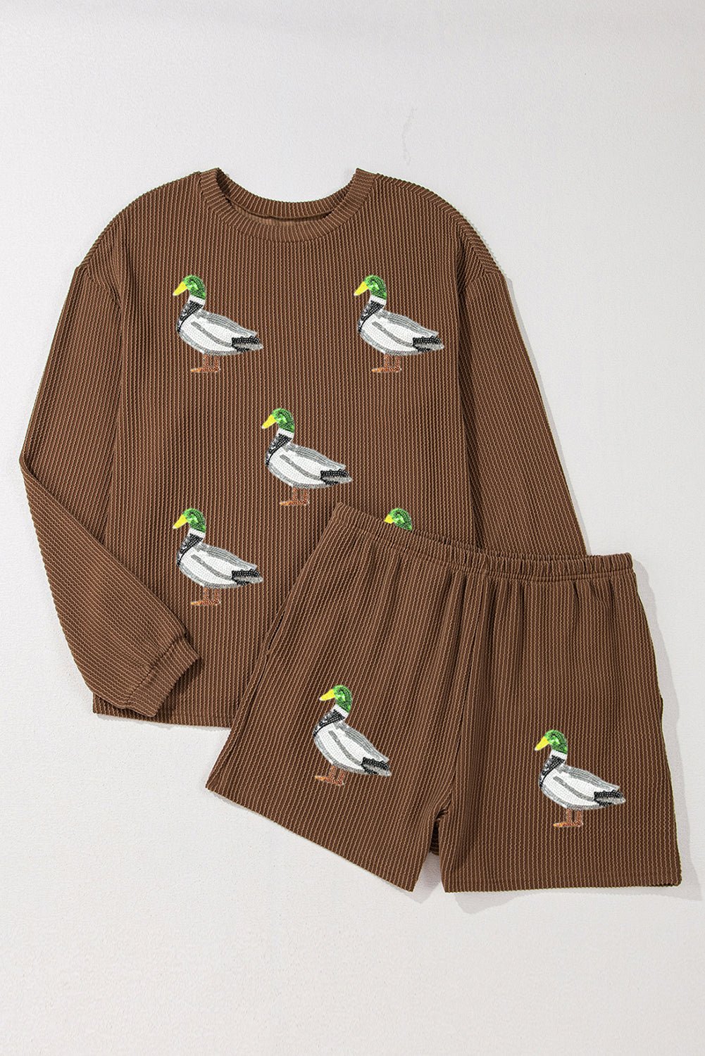 Chestnut Twisted Ribbed Sequin Mallard Graphic Long Sleeve Top and Short Set - Loving It Shop