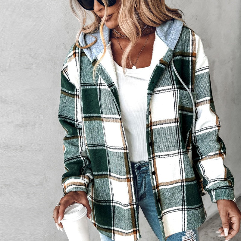 Plaid Hooded Jacket Fashion Casual Button Pocket Coat Autumn And Winter Women&