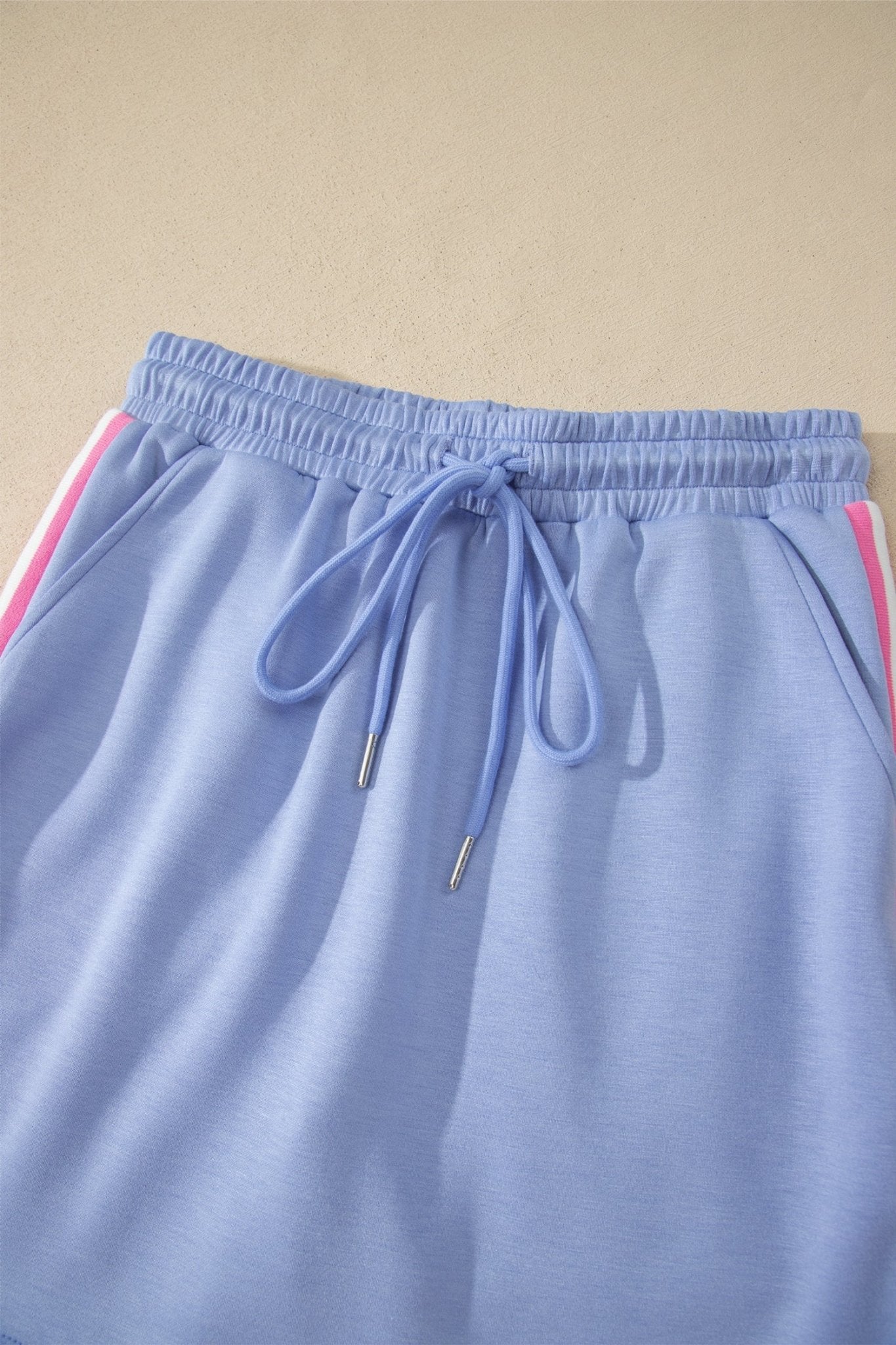 Sky Blue Preppy Striped Trim V Neck Polo Tee Drawstring Skirt Set - Loving It Shop