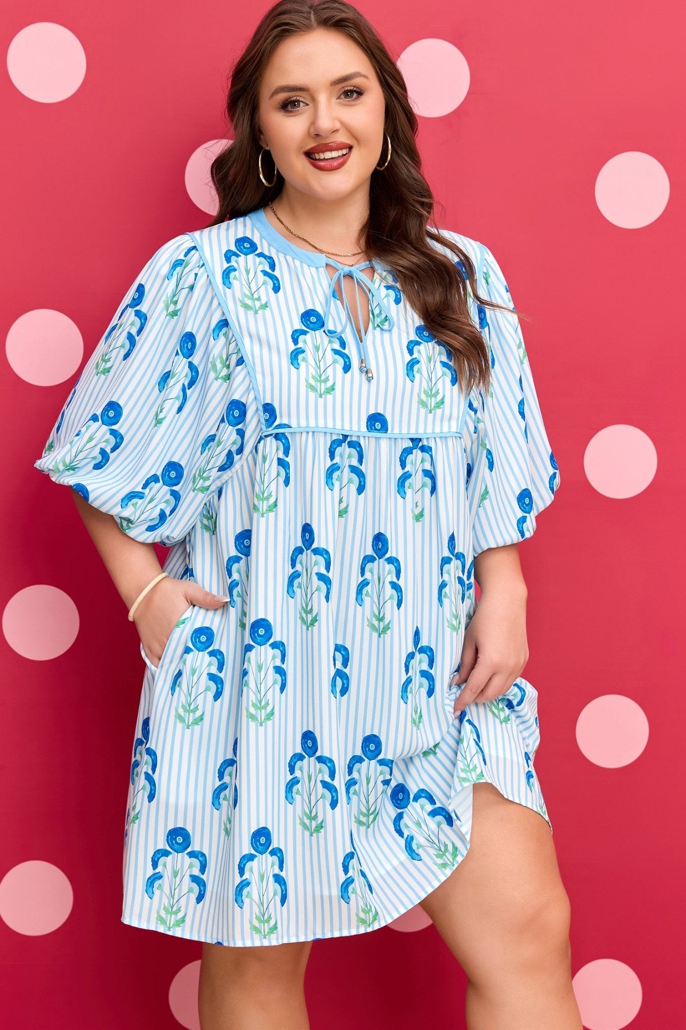 Sky Blue Floral Striped Bubble Short Sleeve Plus Size Dress - Loving It Shop