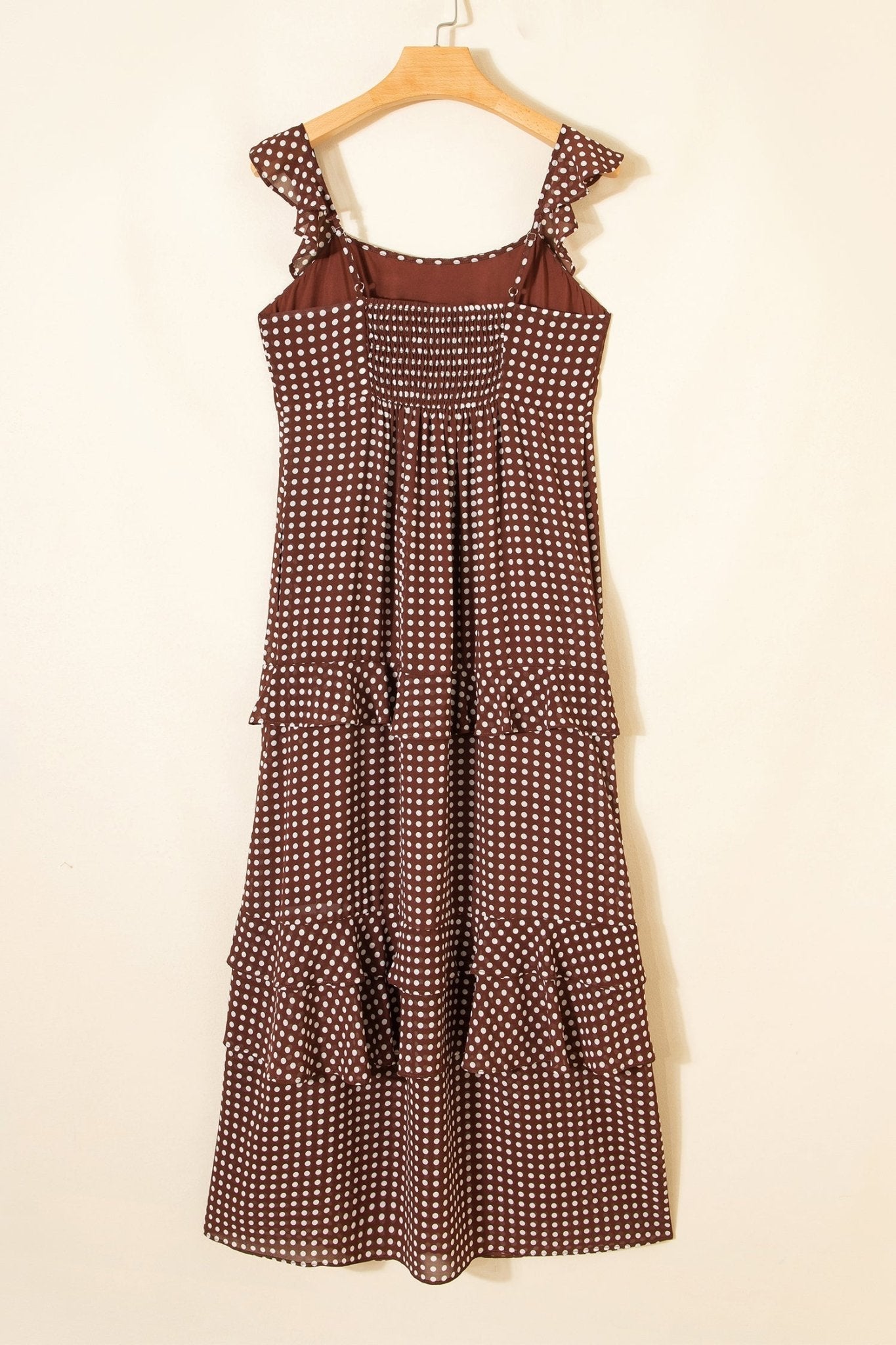 Coffee Polka Dot Print Backless Ruffled Tiered Maxi Dress - Loving It Shop