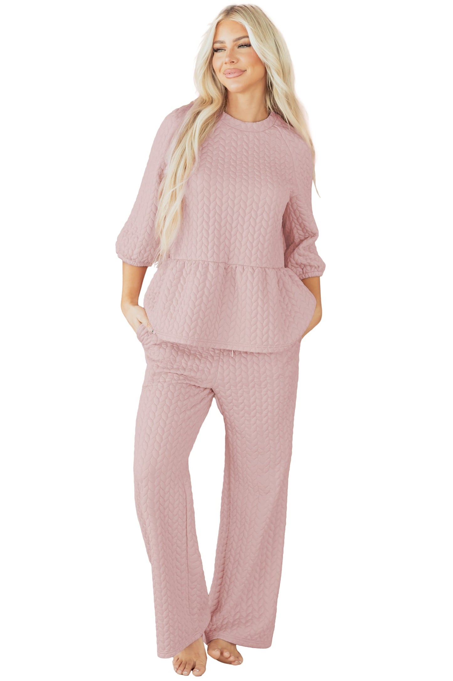 Delicacy Braided Texture Ruffle Hem Top Drawstring Loose Pants Set