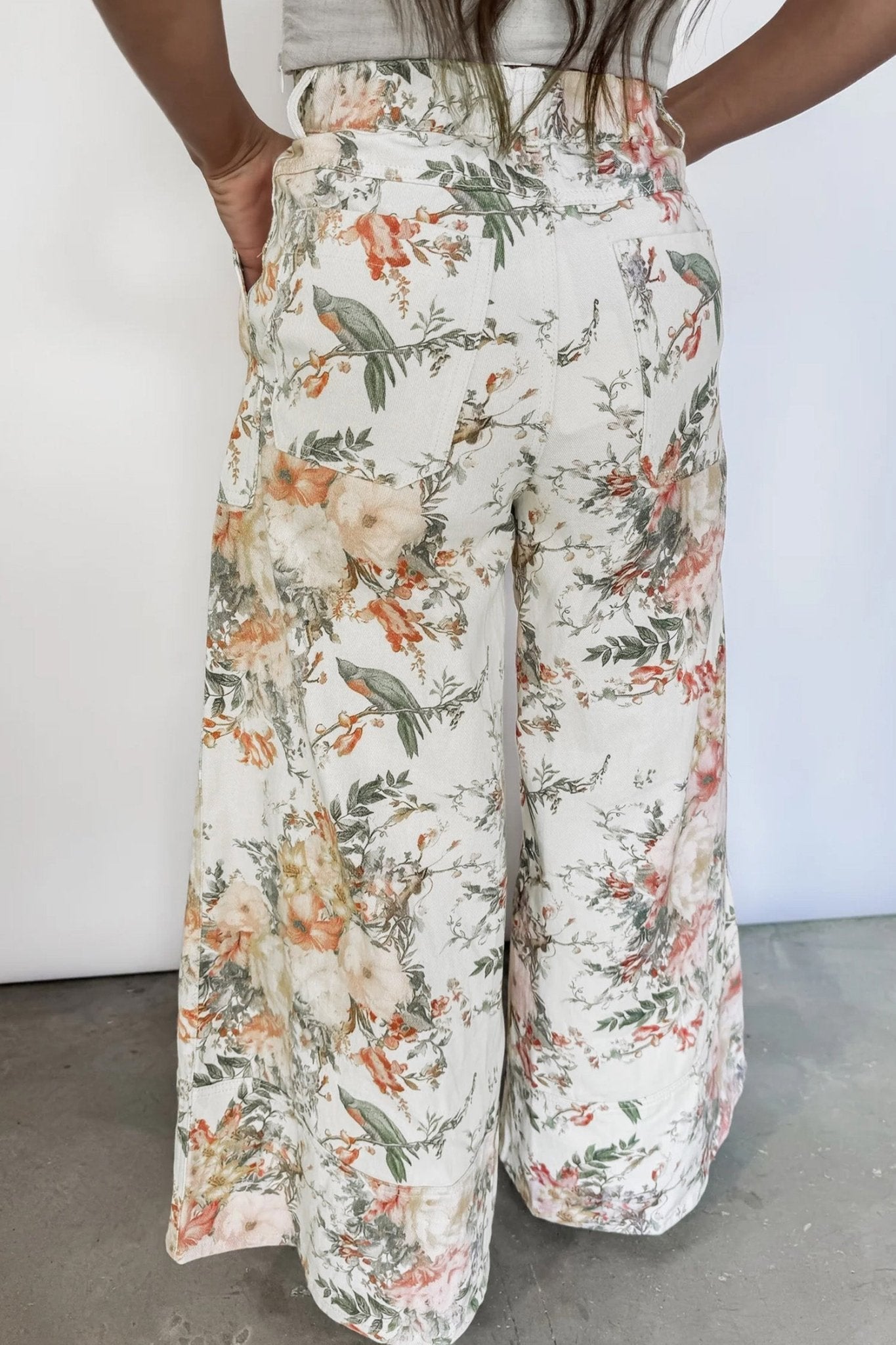 Beige Vintage Style Floral Print High Waist Wide Leg Jeans - Loving It Shop