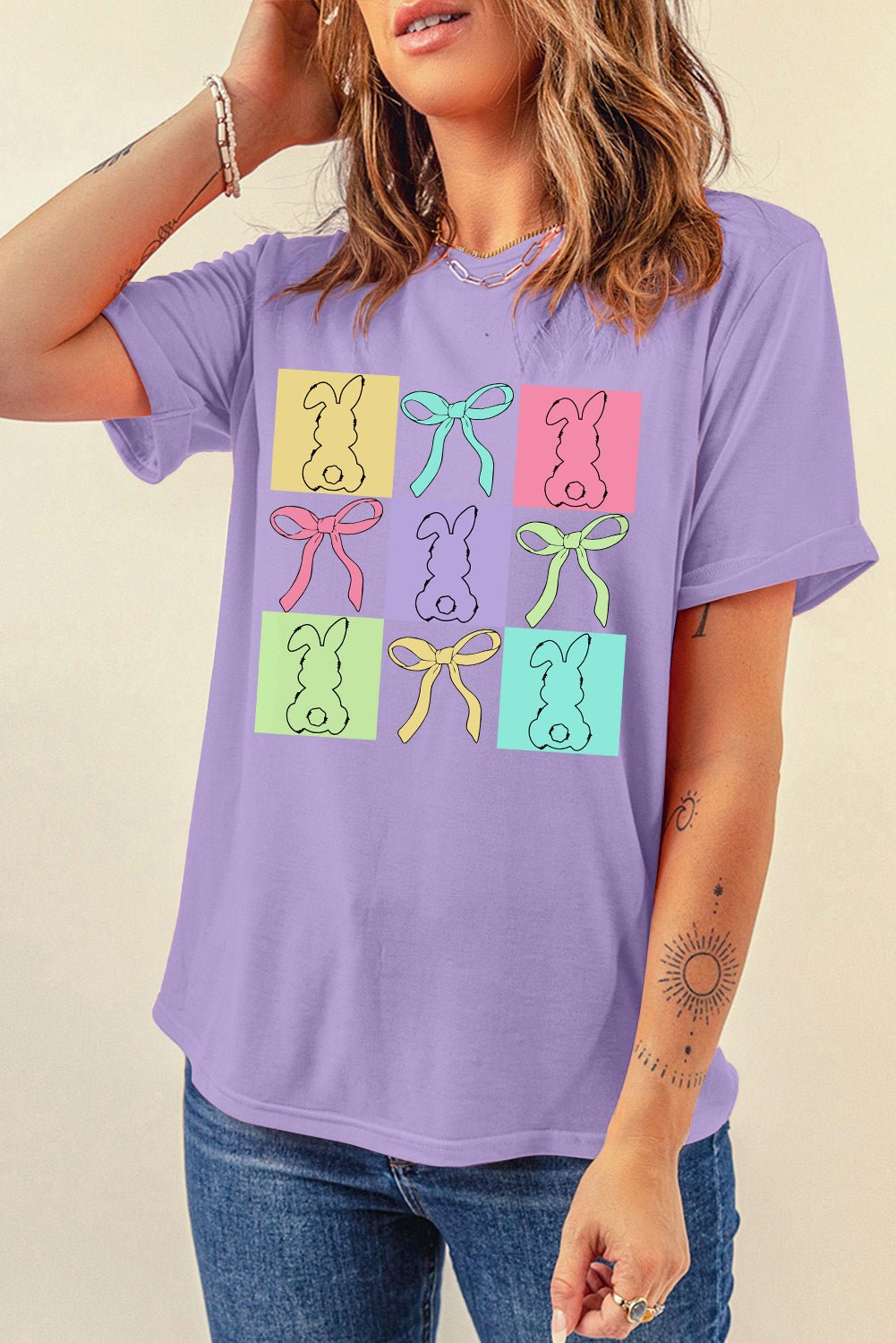 Wisteria Bunny Bow Plaid Print Easter Fashion Tee - Loving It Shop