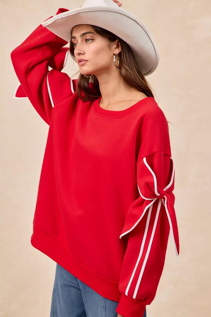 Bow Detail Sleeves Fleece Sweatshirt