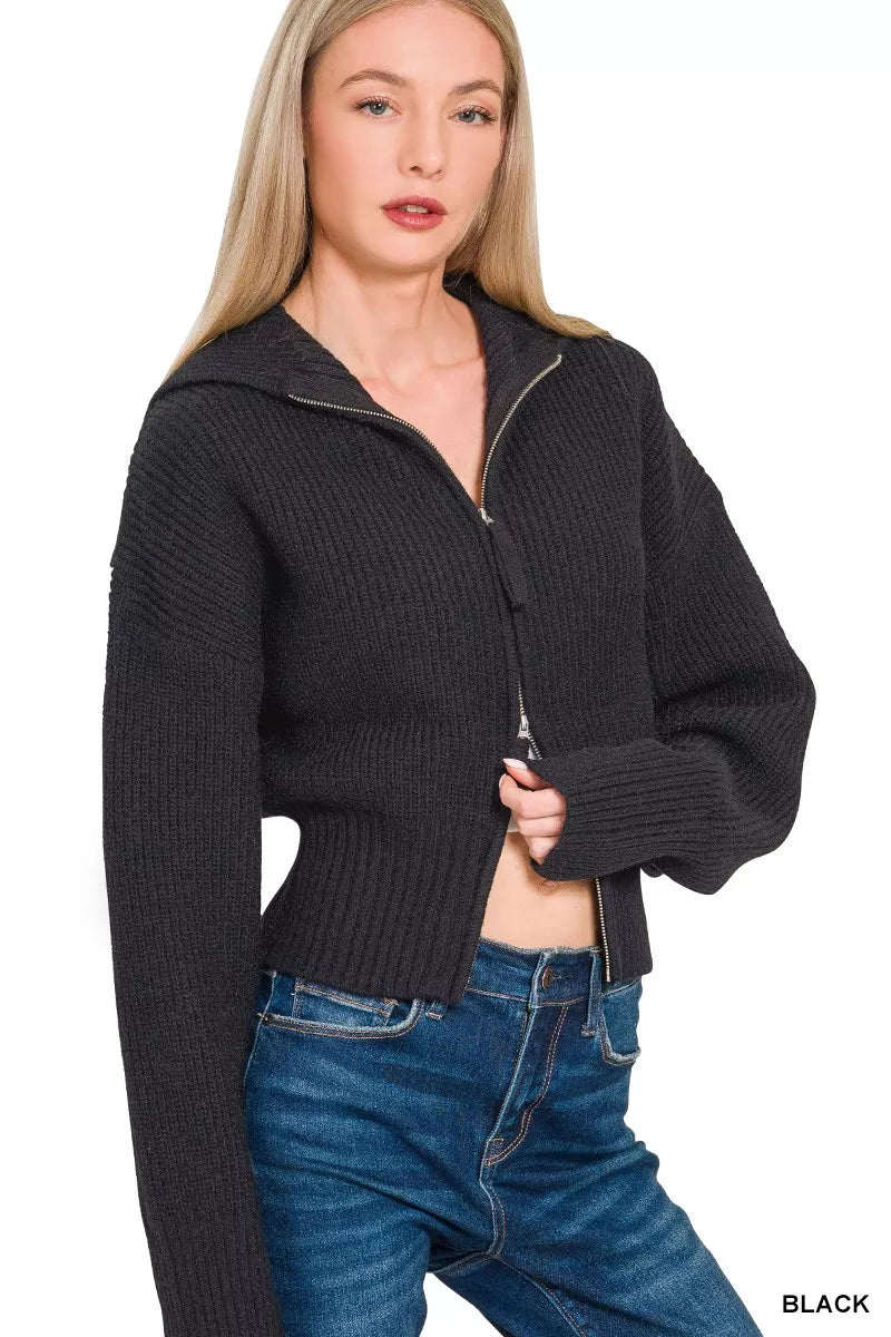 Ribbed Collared Zip Up Sweater Cardigan