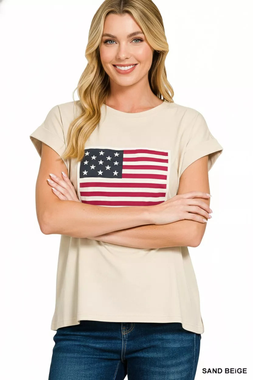 Full Size US Flag Round Neck Short Sleeve T-Shirt Plus Size