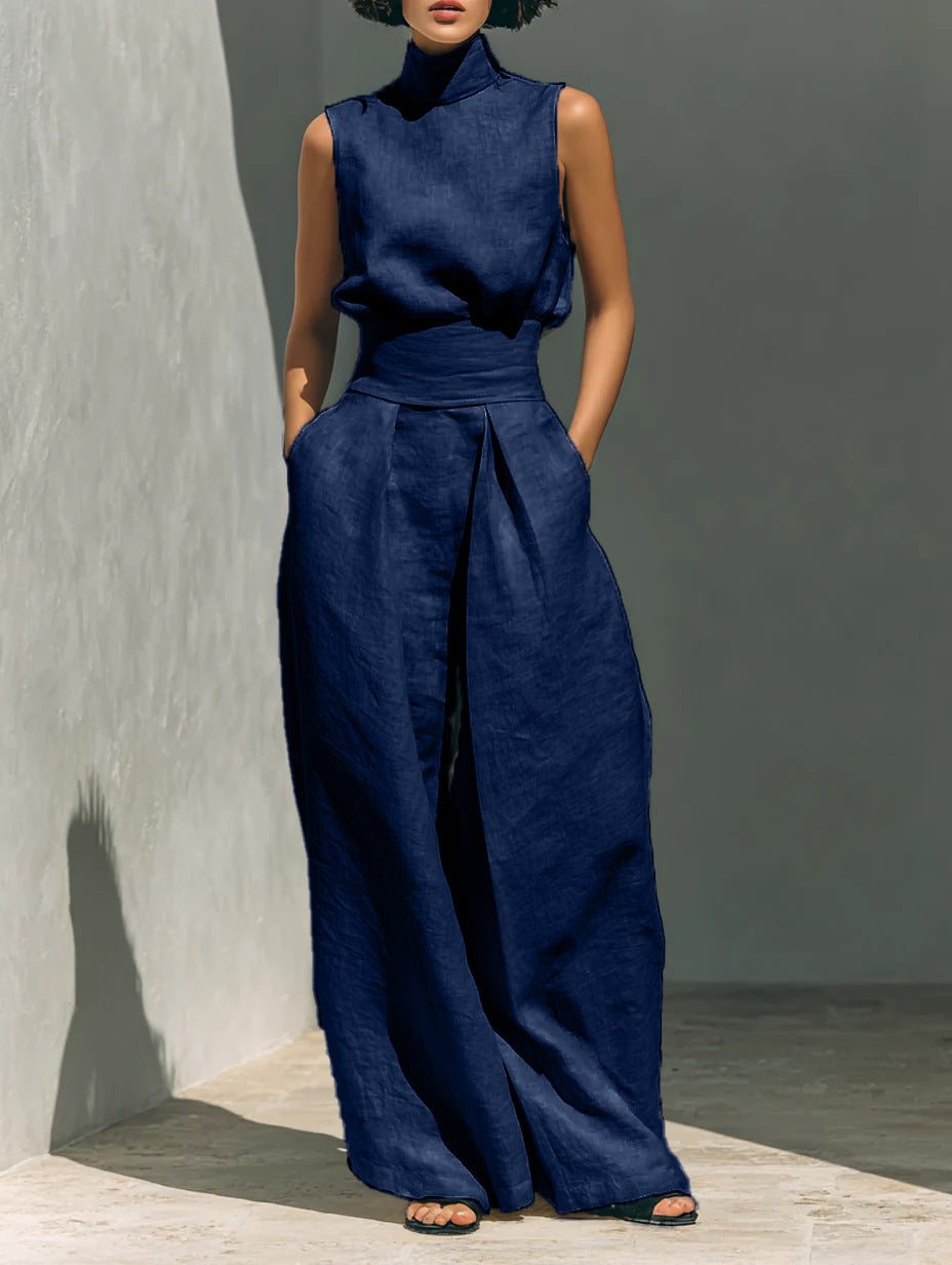 Casual Sleeveless Suit Summer Stand-up Collar Pullover Top And Loose Straight-leg Trousers Women&