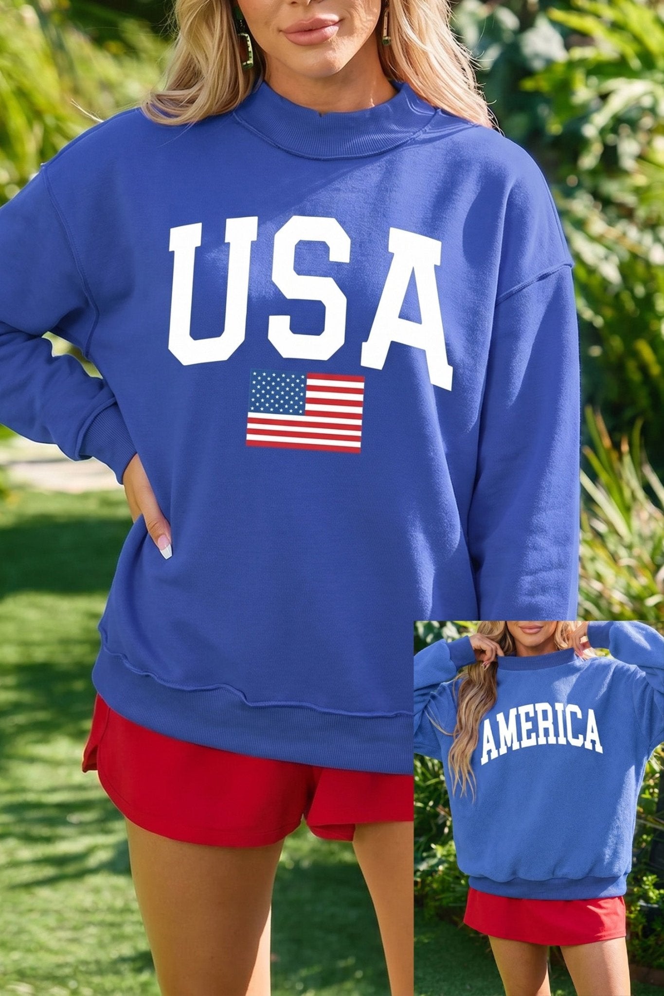 Dark Blue Mock Neck Reversible USA/America Graphic Sweatshirt - Loving It Shop