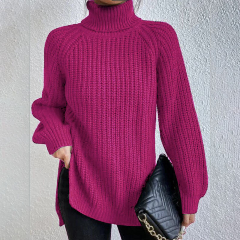 Turtleneck Pullover Sweater With Split Design Fashion Simple Solid Color Long Sleeve Tops Women&