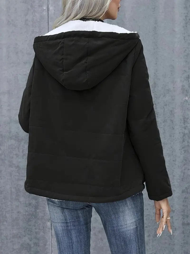 Fleece-lined Hooded Coat Winter Preppy Style Long Sleeve Jacket Warm Pockets Cotton Coat Women&