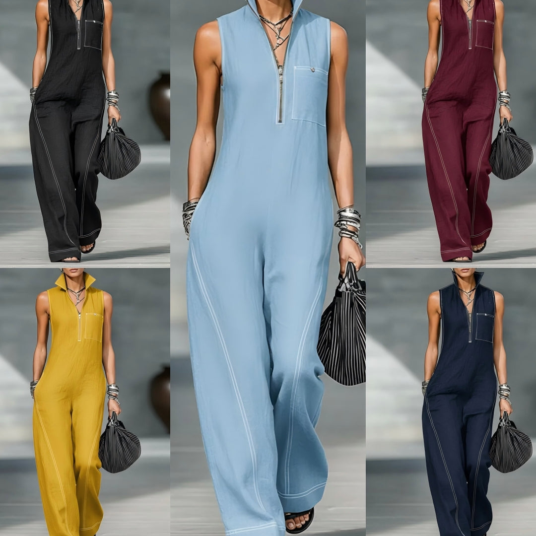 Stand-up Collar Jumpsuit With Pockets Summer Fashion Casual Sleeveless Jumpsuit Trousers Women&