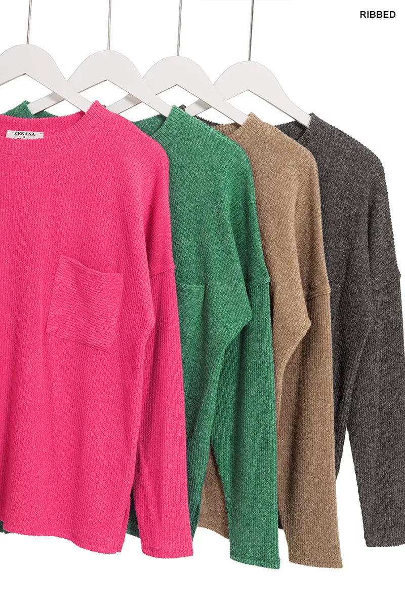 Ribbed Brushed Melange Hacci Sweater with Chest Pocket
