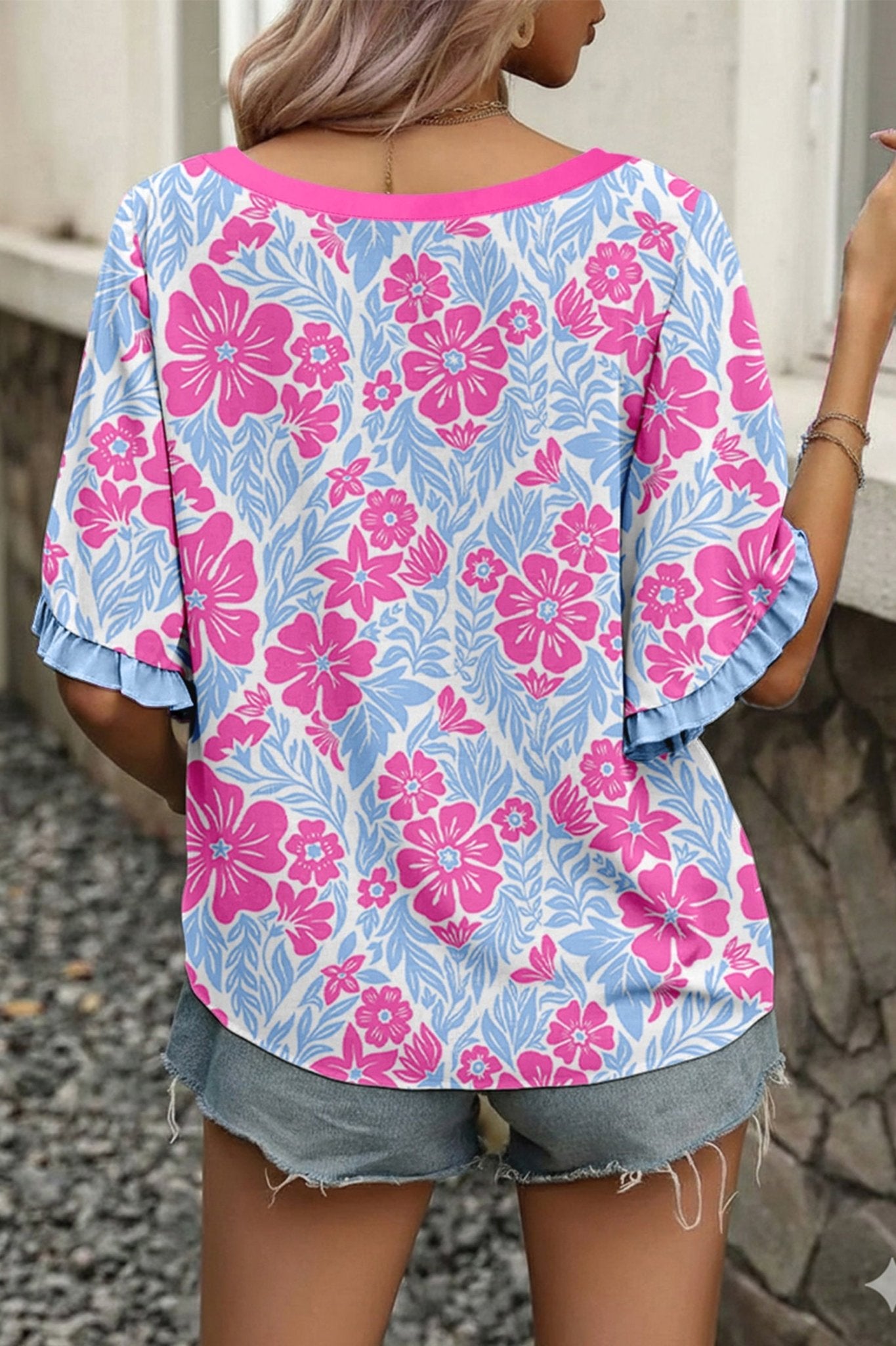 Rose Floral Print Ruffled Color Block Trim Half Sleeve Blouse - Loving It Shop