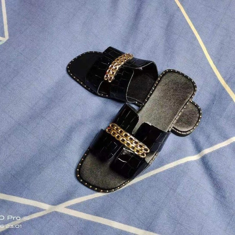 Beach Casual Flat Heel Chain One-line Women&
