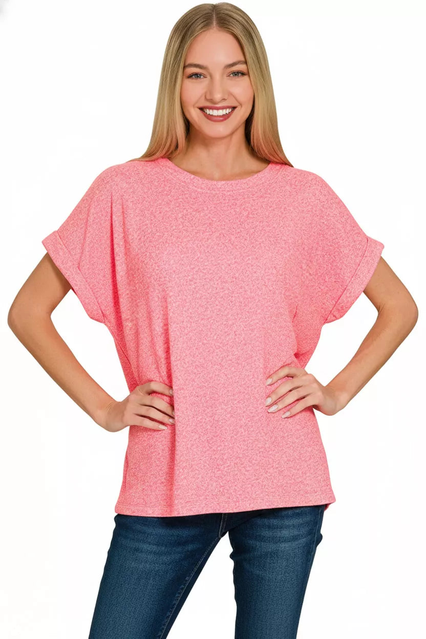 Soft Melange Hacci Short Sleeve Round Neck Top