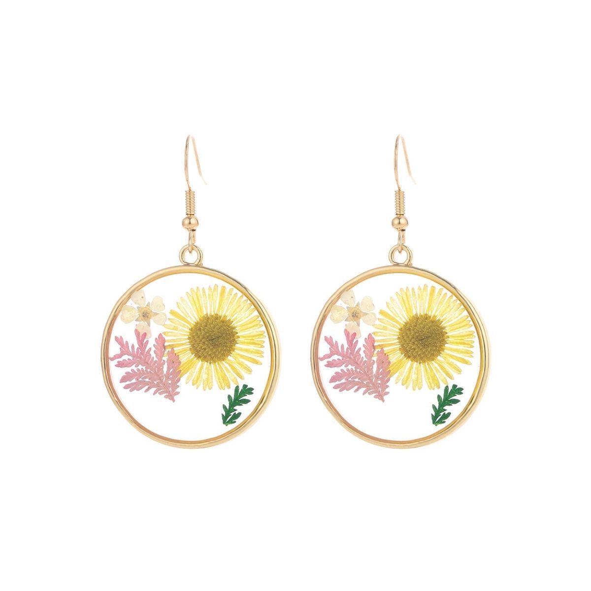 Dried Flower Round Gold Earrings – Stylish Statement Jewelry