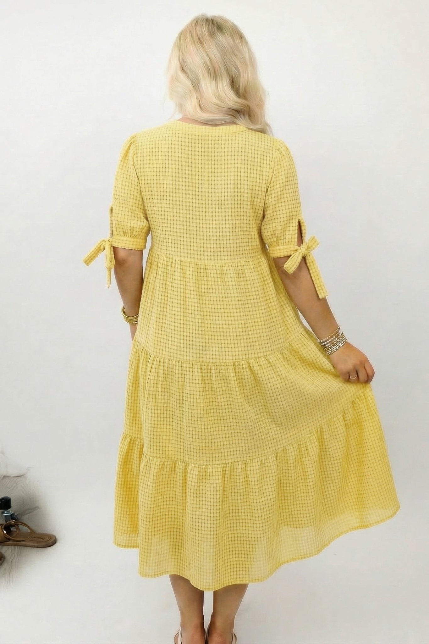 Yellow Gingham Textured Bow Tie Short Sleeve Tiered Midi Dress - Loving It Shop