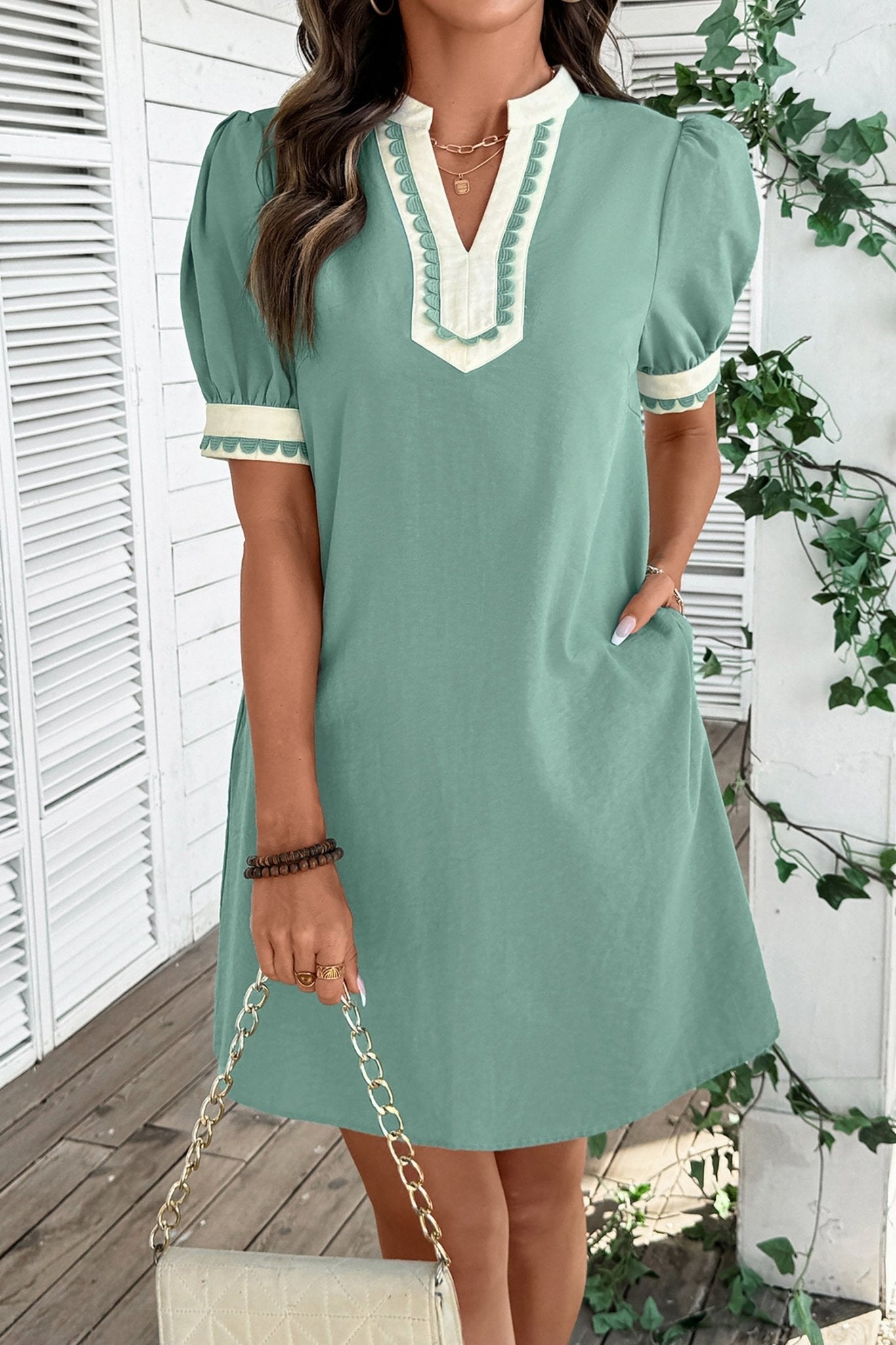 Canton Scallop Color Block Trim Puff Sleeve Mini Dress - Loving It Shop