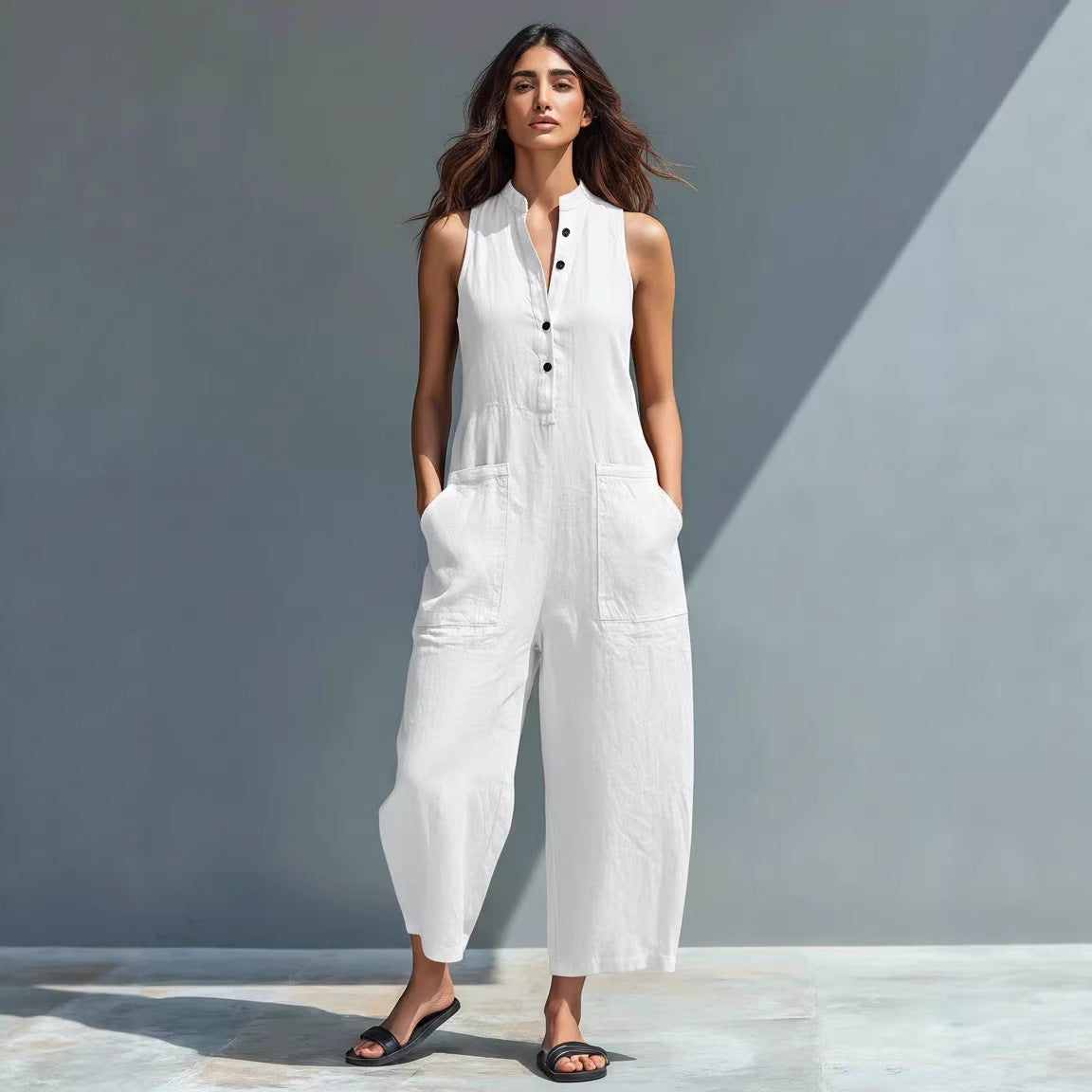 Summer Sleeveless Jumpsuit With Pockets Fashion Casual V-Neck Buttons Trousers Women&
