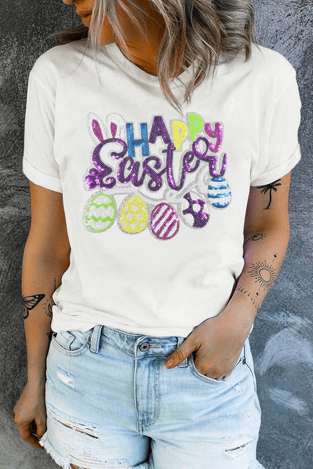 White Happy Easter Sequin Patched Casual Tee - Loving It Shop