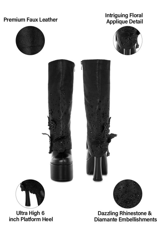 Sundra Floral Applique Platform Heeled Boots