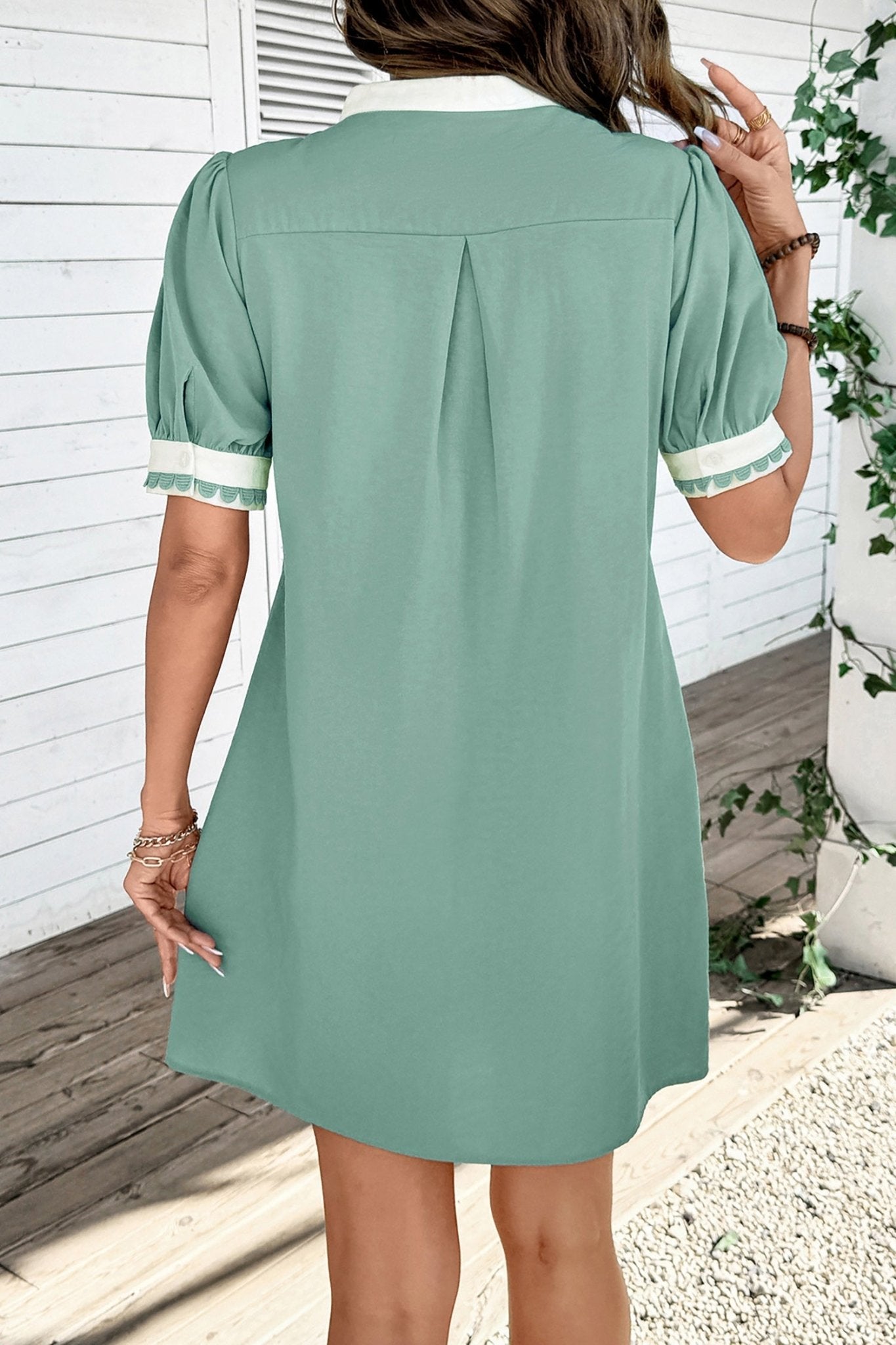 Canton Scallop Color Block Trim Puff Sleeve Mini Dress - Loving It Shop