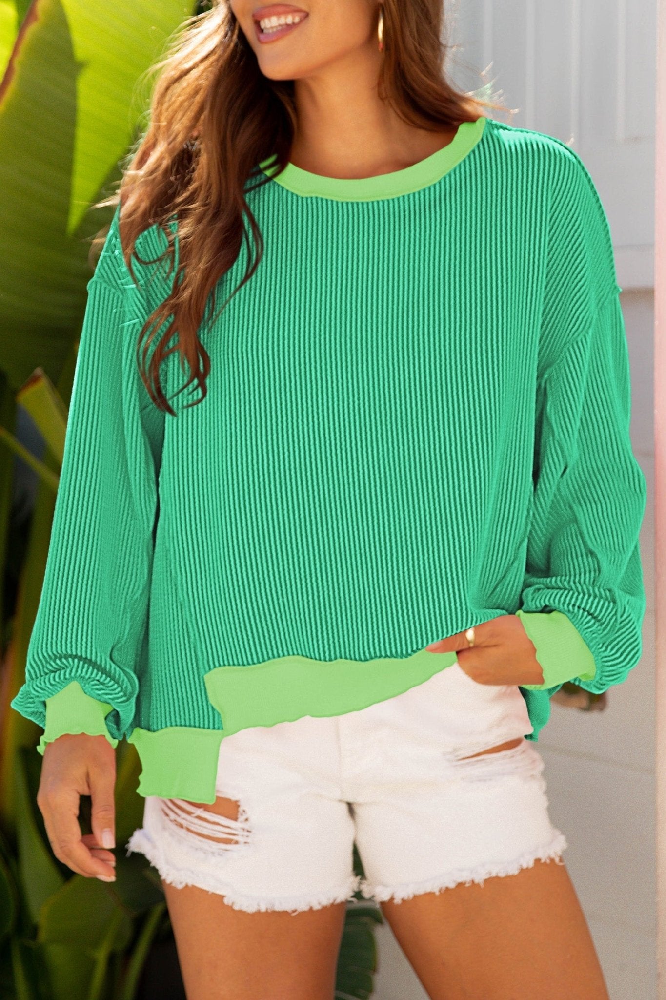 Bright Green Twisted Rib Uneven Hem Drop Shoulder Loose Knit Top - Loving It Shop