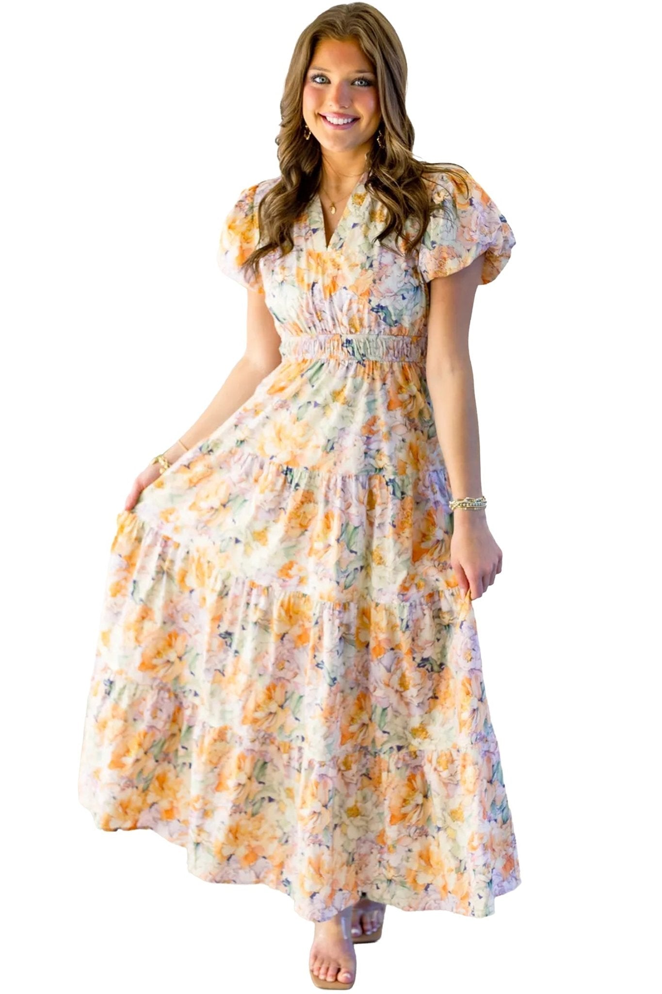 Orange Floral Bubble Sleeve V Neck Flared Maxi Dress - Loving It Shop